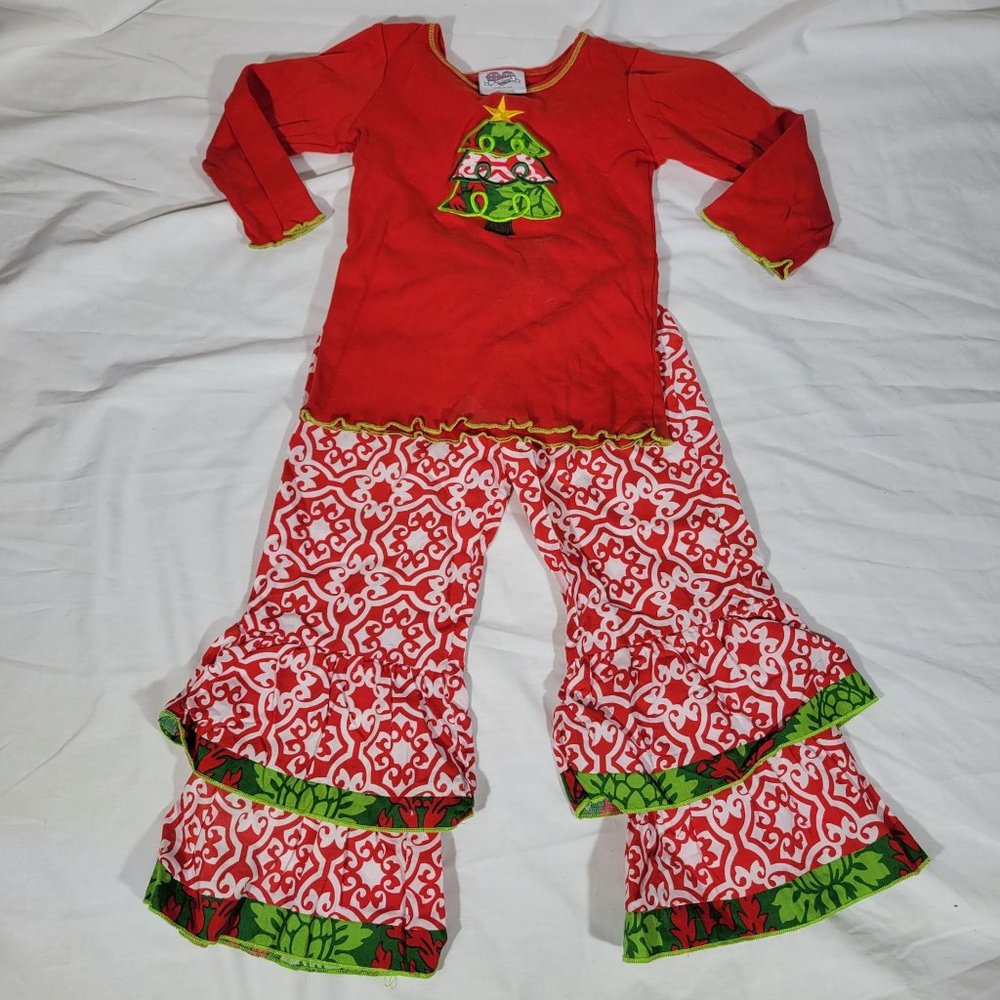ANN LOREN Girls Christmas outfit 4-5T ~ Red top tree star embroidered~  ruffle p